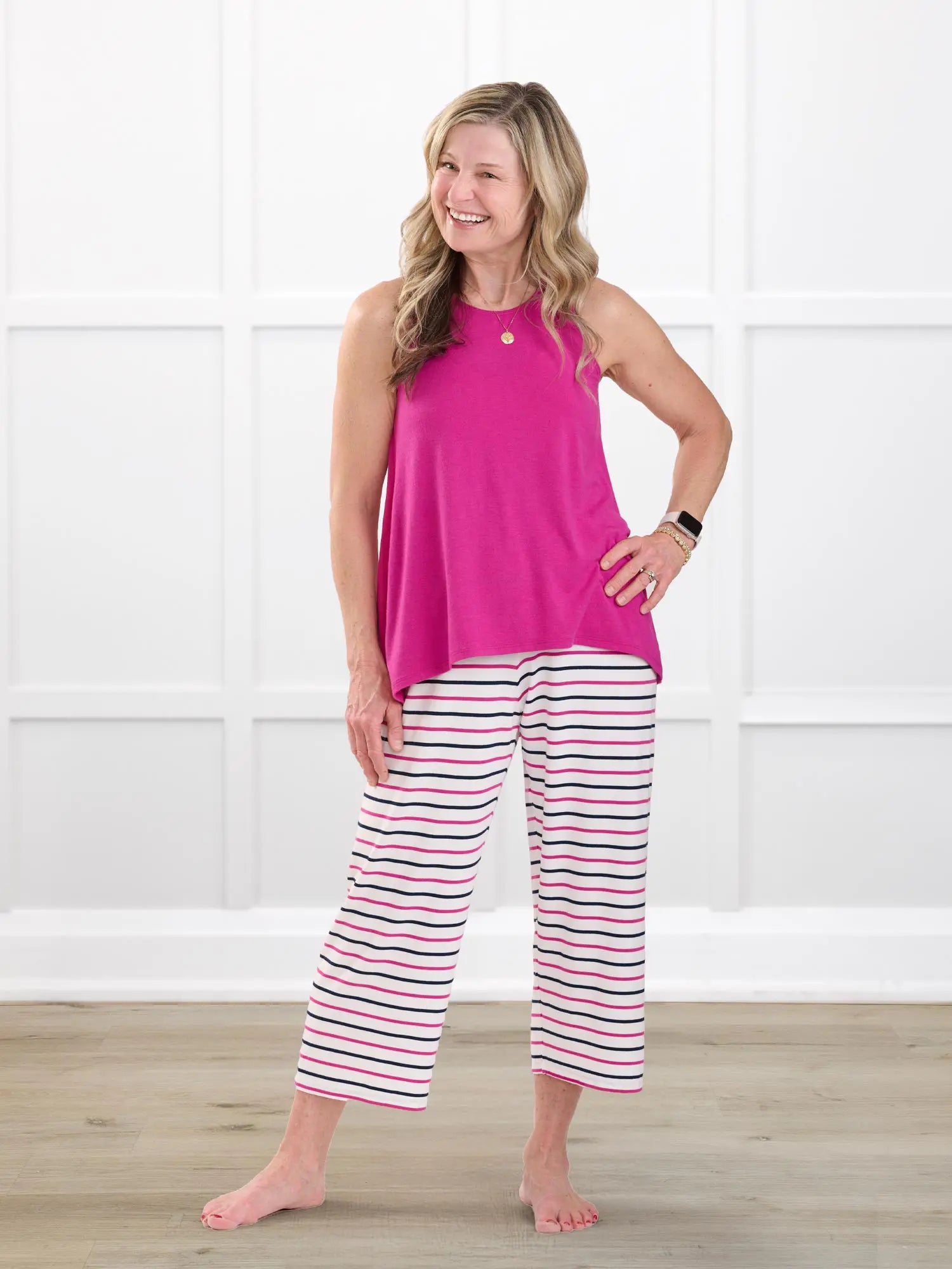 Adhara striped pj capri pant for women in Beachfront stripe on model Rae, size XS @Rae-XS 