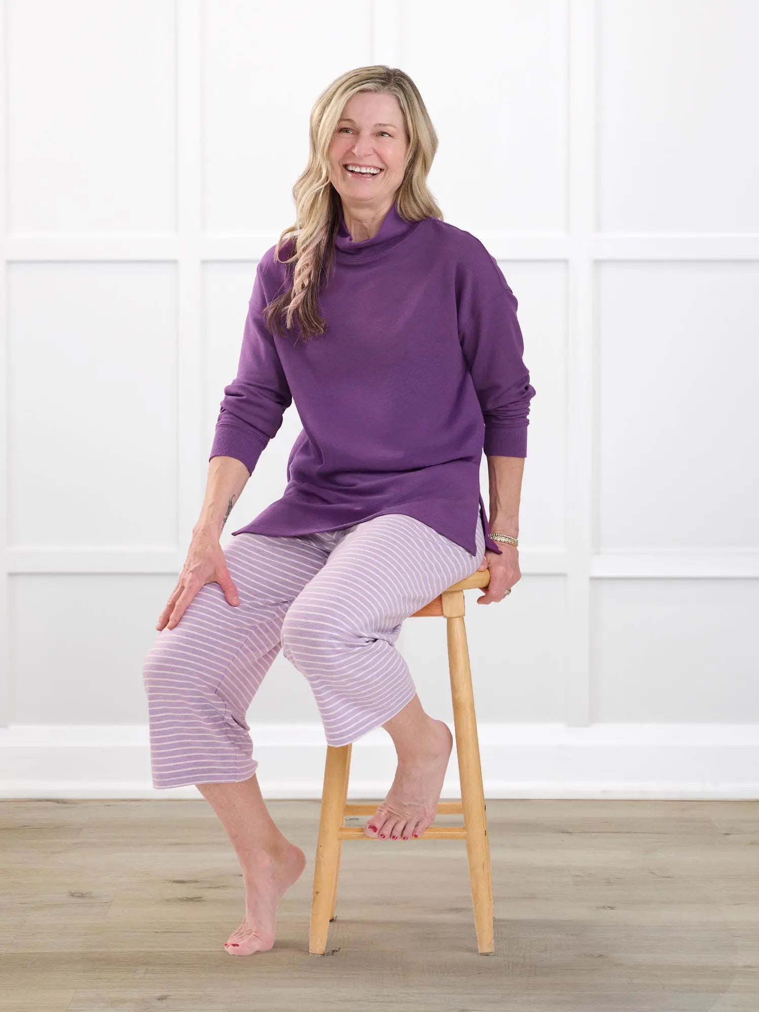 Adhara striped pj capri pant for women in Lilac stripe on model Rae, size XS @Rae-XS 