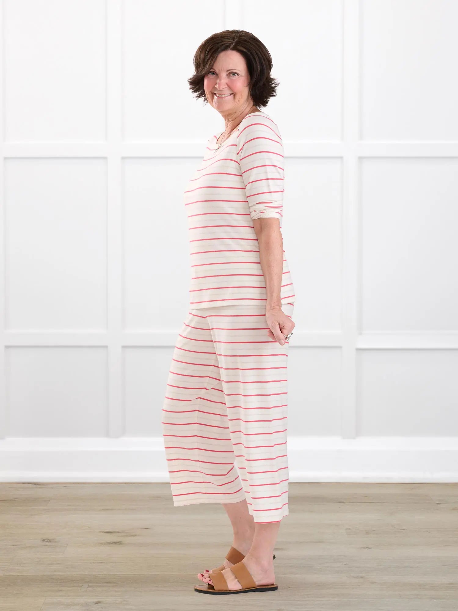 Adhara striped pj capri pant for women in Flamingo stripe on model Donna, size S @Donna-S 