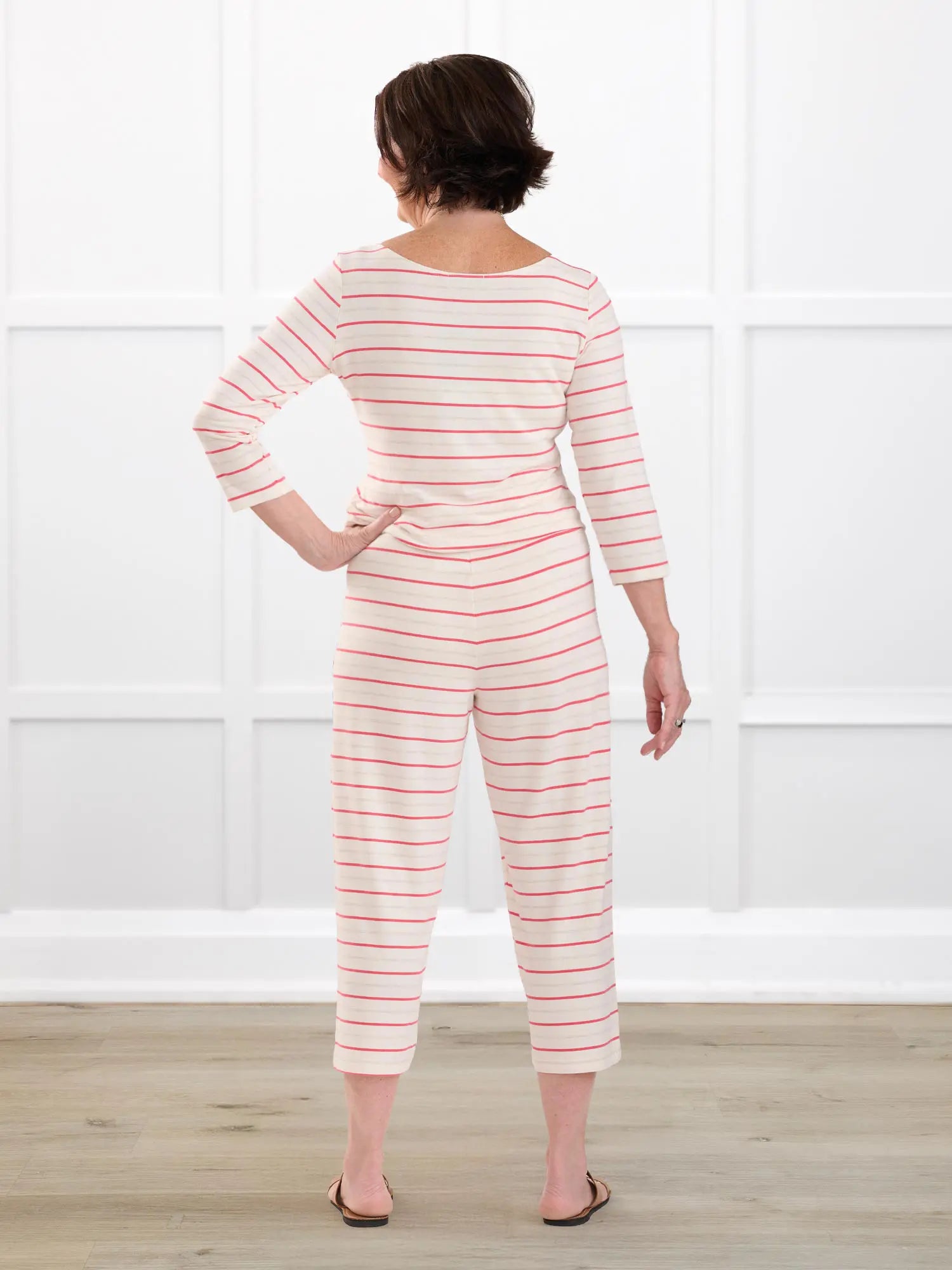 Adhara striped pj capri pant for women in Flamingo stripe on model Donna, size S @Donna-S 
