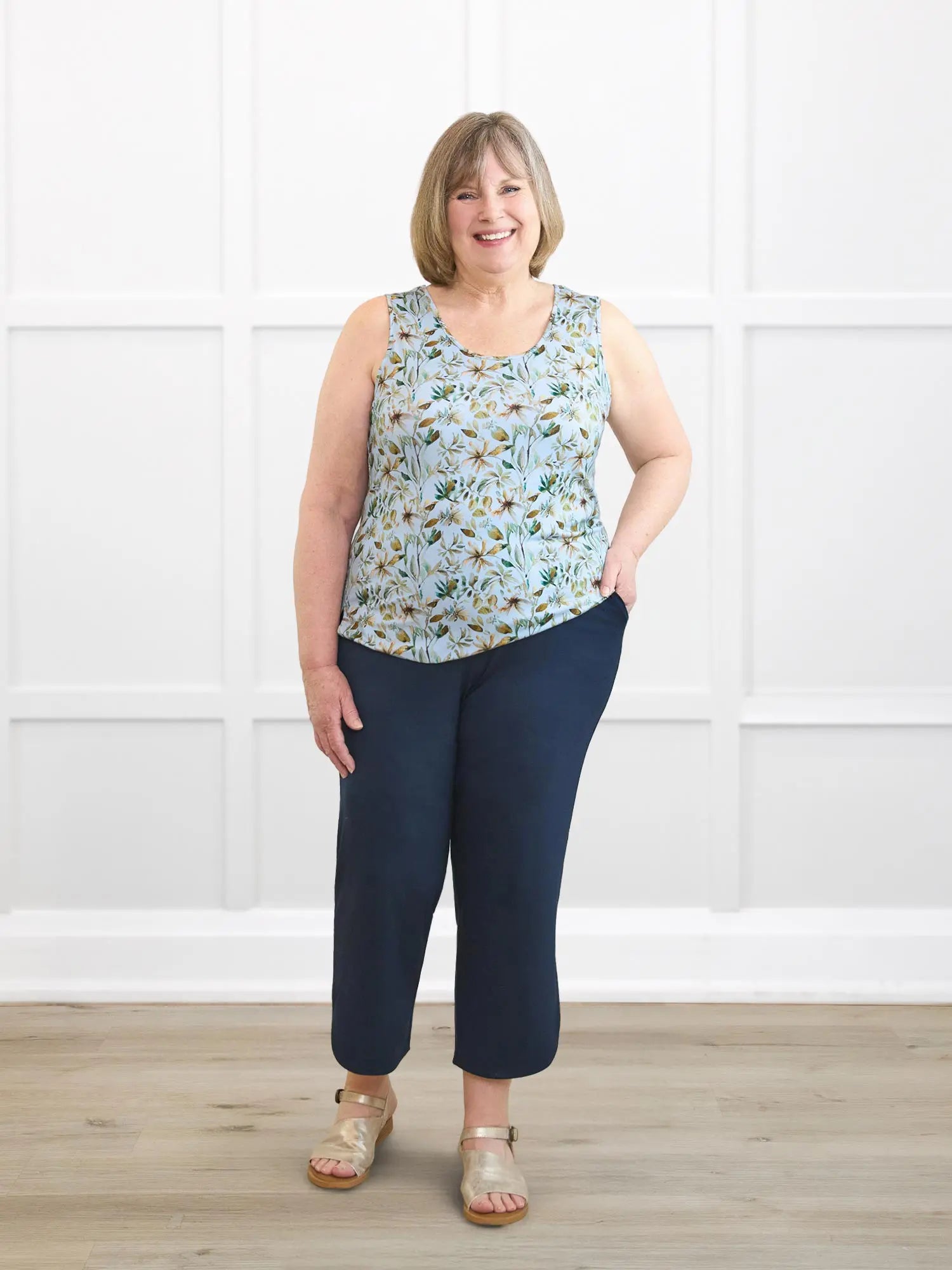 Akira tulip hem capri pant for women in Navy on model Laurie, size XL Petite @Laurie-XL-petite 