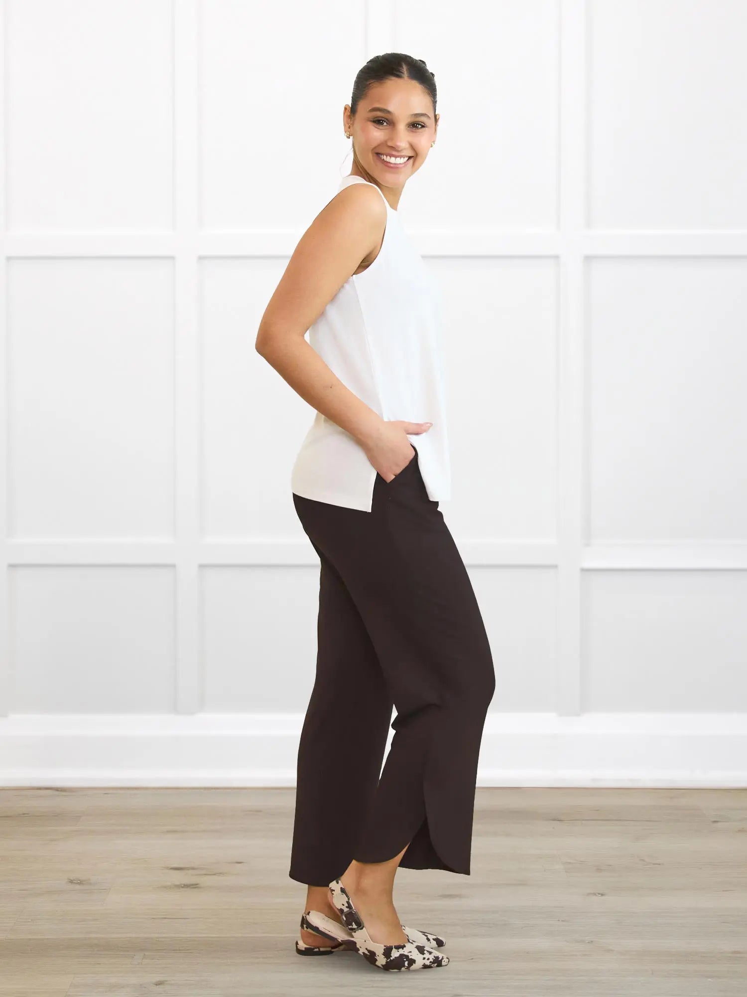 Akira tulip hem capri pant for women in Dark chocolate on model Meron, size XS Regular @Meron-XS-regular 