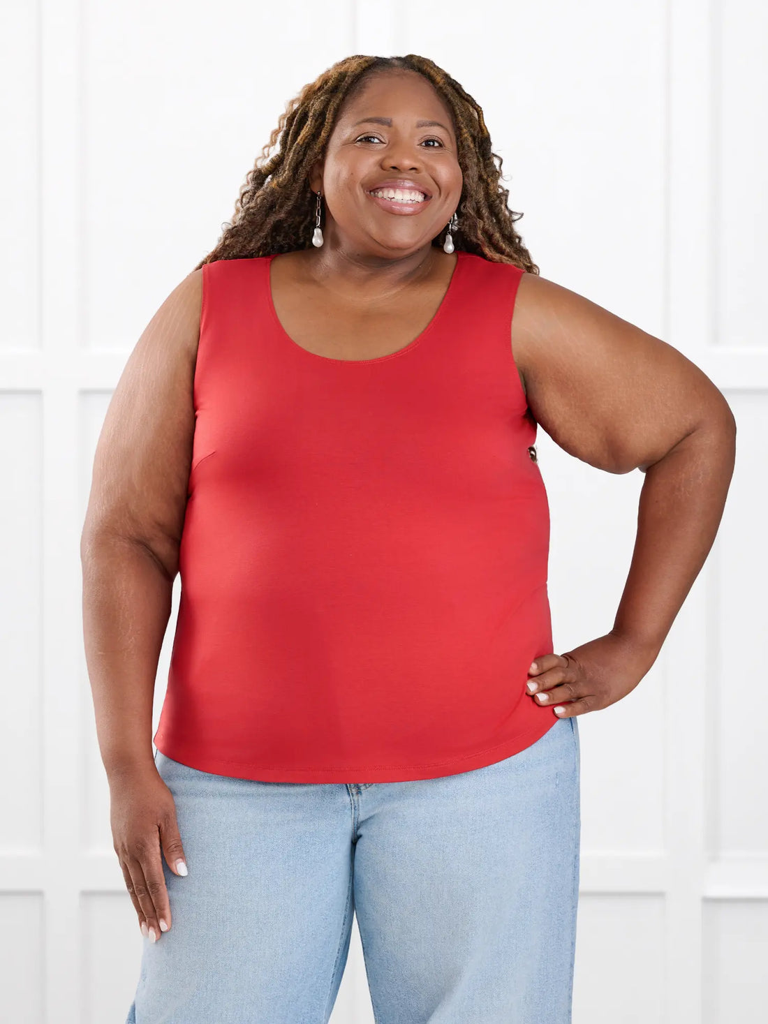 Alanis relaxed tank top for women in Chili on model Kimesha, size 2X @Kimesha-2x 