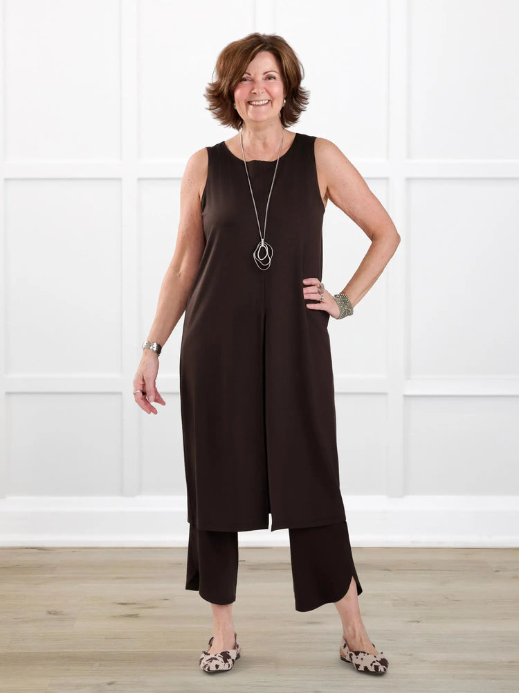 Alaya front slit sleeveless long tunic for women in Dark chocolate on model Donna, size S @Donna-S 