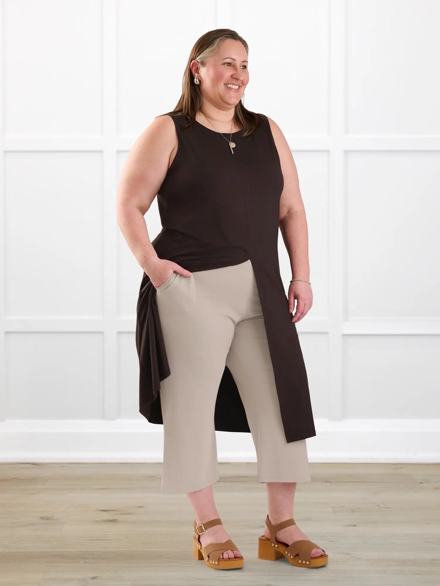 Alaya front slit sleeveless long tunic for women in Dark chocolate on model Cristina, size XXL @Cristina-XXL 