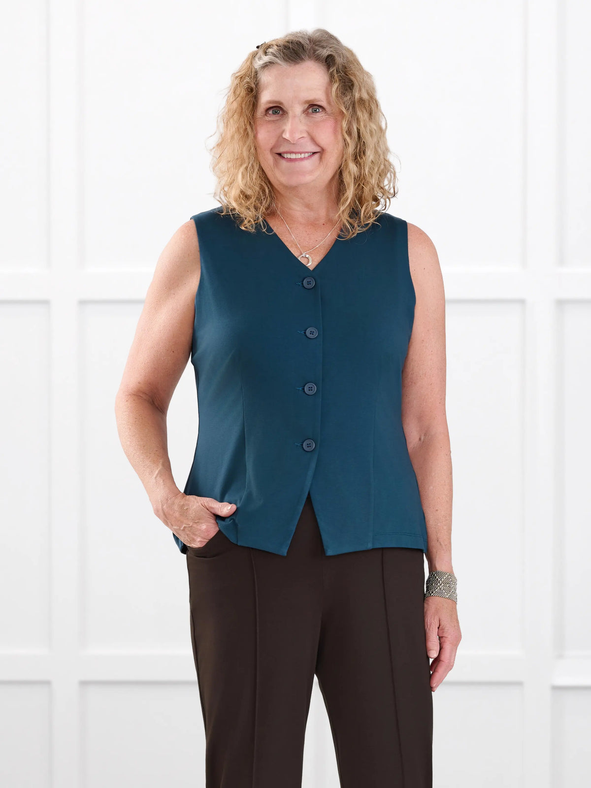 Alba tailored stretchy vest for women in Atlantic on model Carolyn, size L @Carolyn-L 