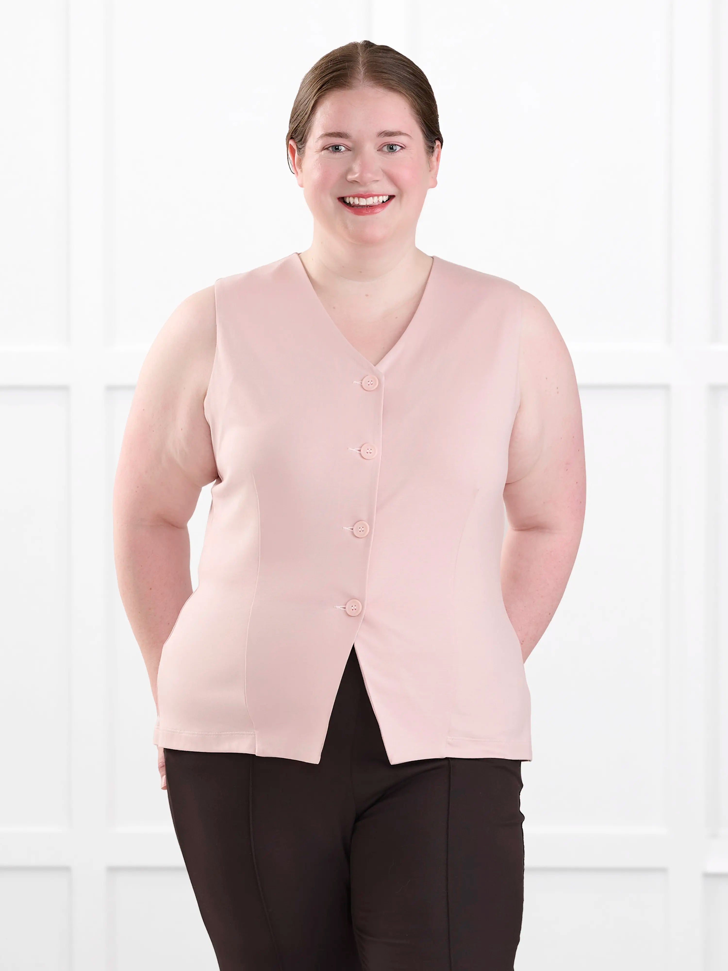 Alba tailored stretchy vest for women in Ballet pink on model Bri, size XL @Bri-XL 