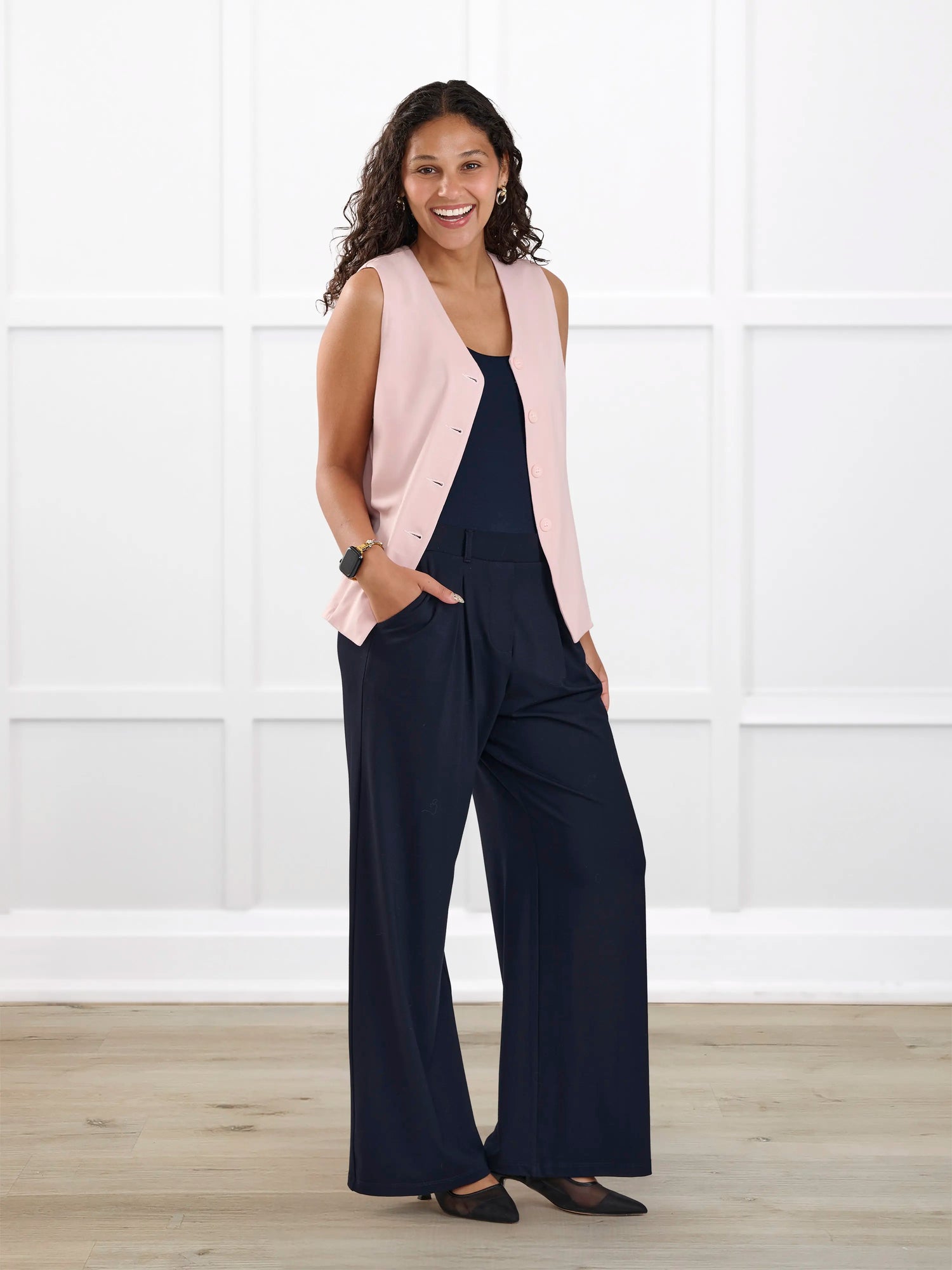 Alba tailored stretchy vest for women in Ballet pink on model Meron, size XS @Meron-XS 