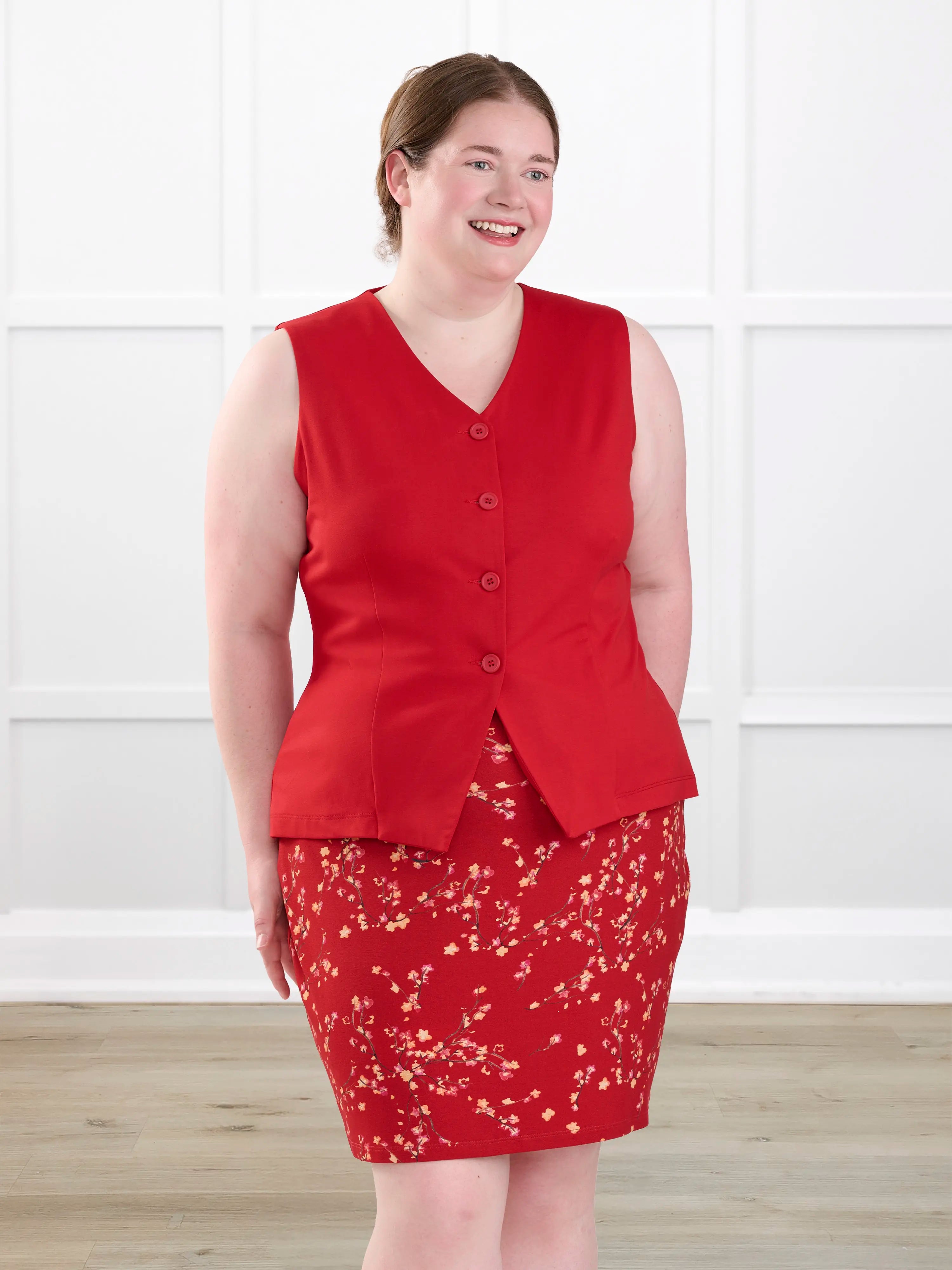 Alba tailored stretchy vest for women in Chili on model Bri, size XL @Bri-XL 