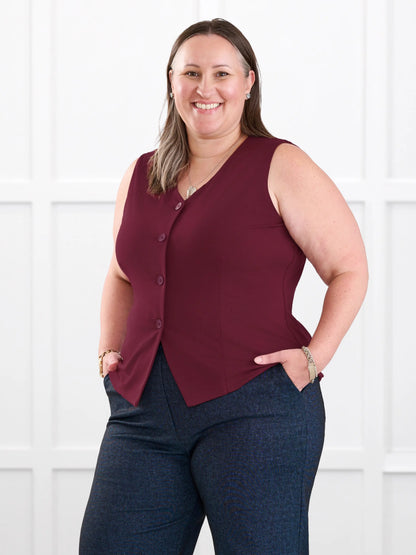 Alba tailored stretchy vest for women in Merlot on model Cristina, size XXL @Cristina-XXL 