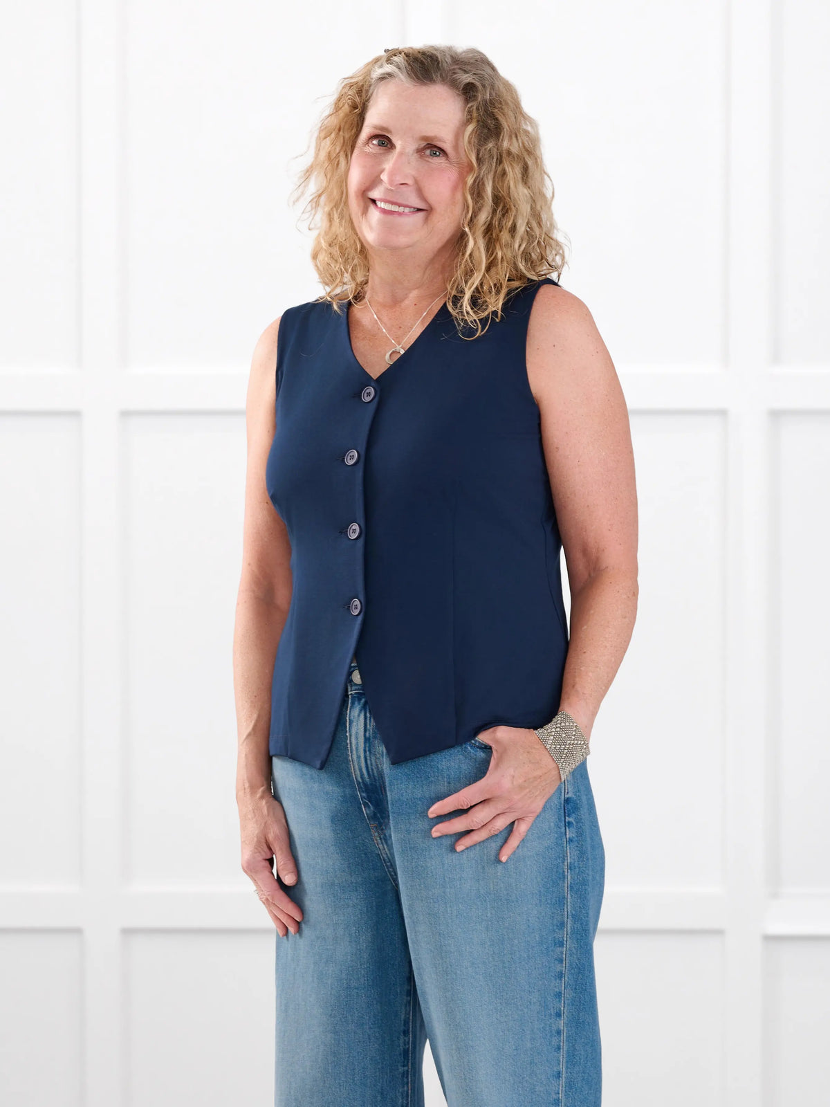 Alba tailored stretchy vest for women in Navy on model Carolyn, size L @Carolyn-L 