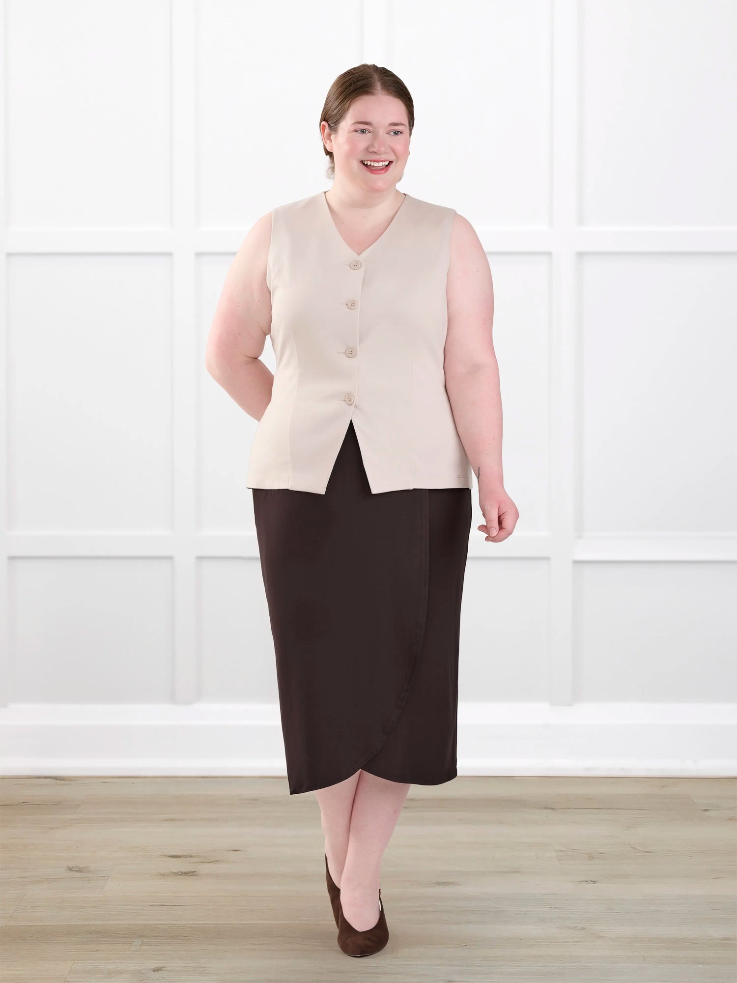 Alba tailored stretchy vest for women in Sandstone on model Bri, size XL @Bri-XL 