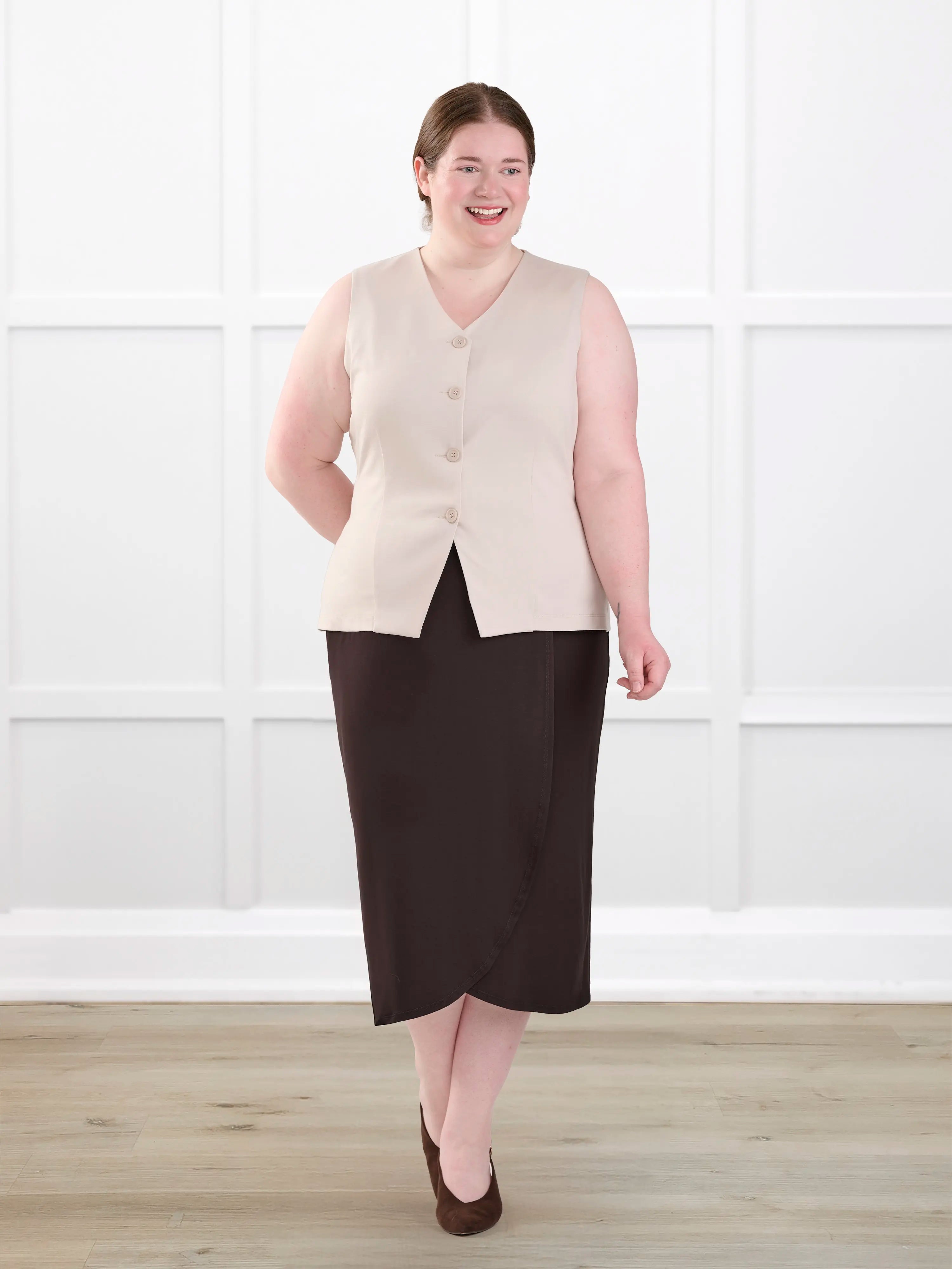 Alba tailored stretchy vest for women in Sandstone on model Bri, size XL @Bri-XL 
