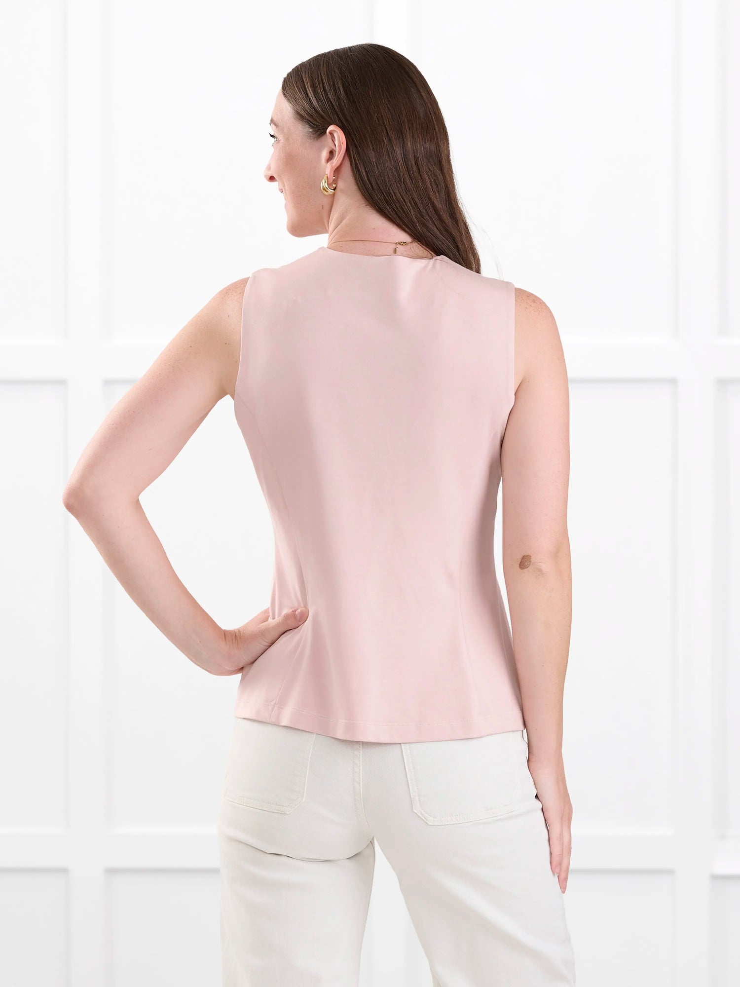 Alba tailored stretchy vest for women in Ballet pink on model Jo, size XS @Jo-XS 