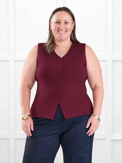 Alba tailored stretchy vest for women in Merlot on model Cristina, size XXL @Cristina-XXL 
