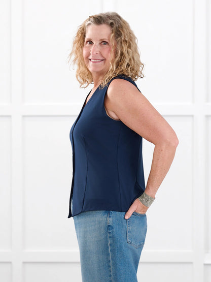 Alba tailored stretchy vest for women in Navy on model Carolyn, size L @Carolyn-L 