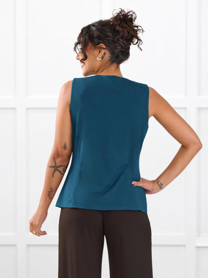 Alba tailored stretchy vest for women in Atlantic on model Meron, size XS @Meron-XS 