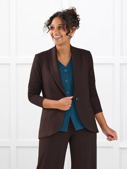 Alba tailored stretchy vest for women in Atlantic on model Meron, size XS @Meron-XS 