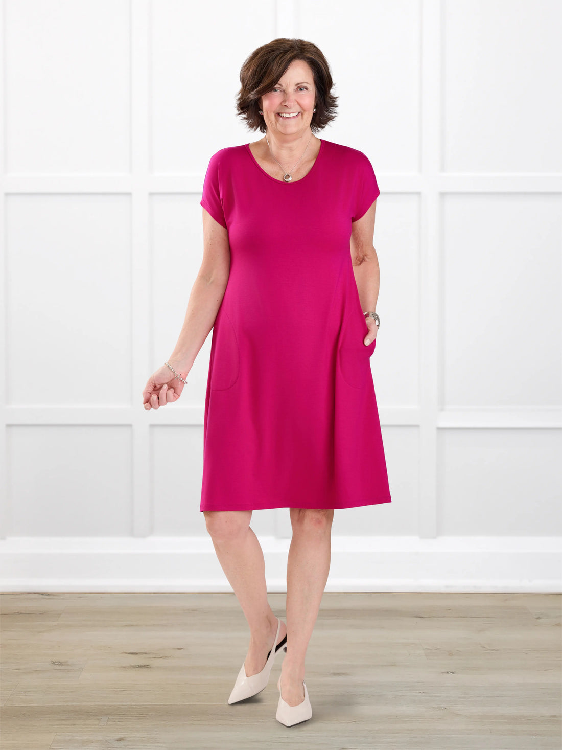 Aleeza t shirt dress with pockets for women in Dragon fruit on model Donna, size S @Donna-S 