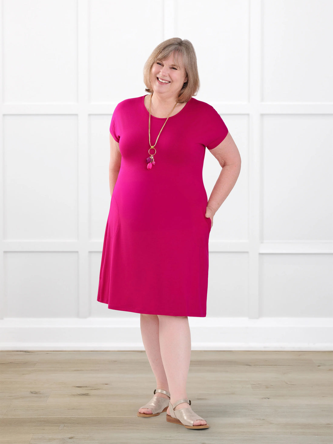 Aleeza t shirt dress with pockets for women in Dragon fruit on model Laurie, size XXL @Laurie-XXL 