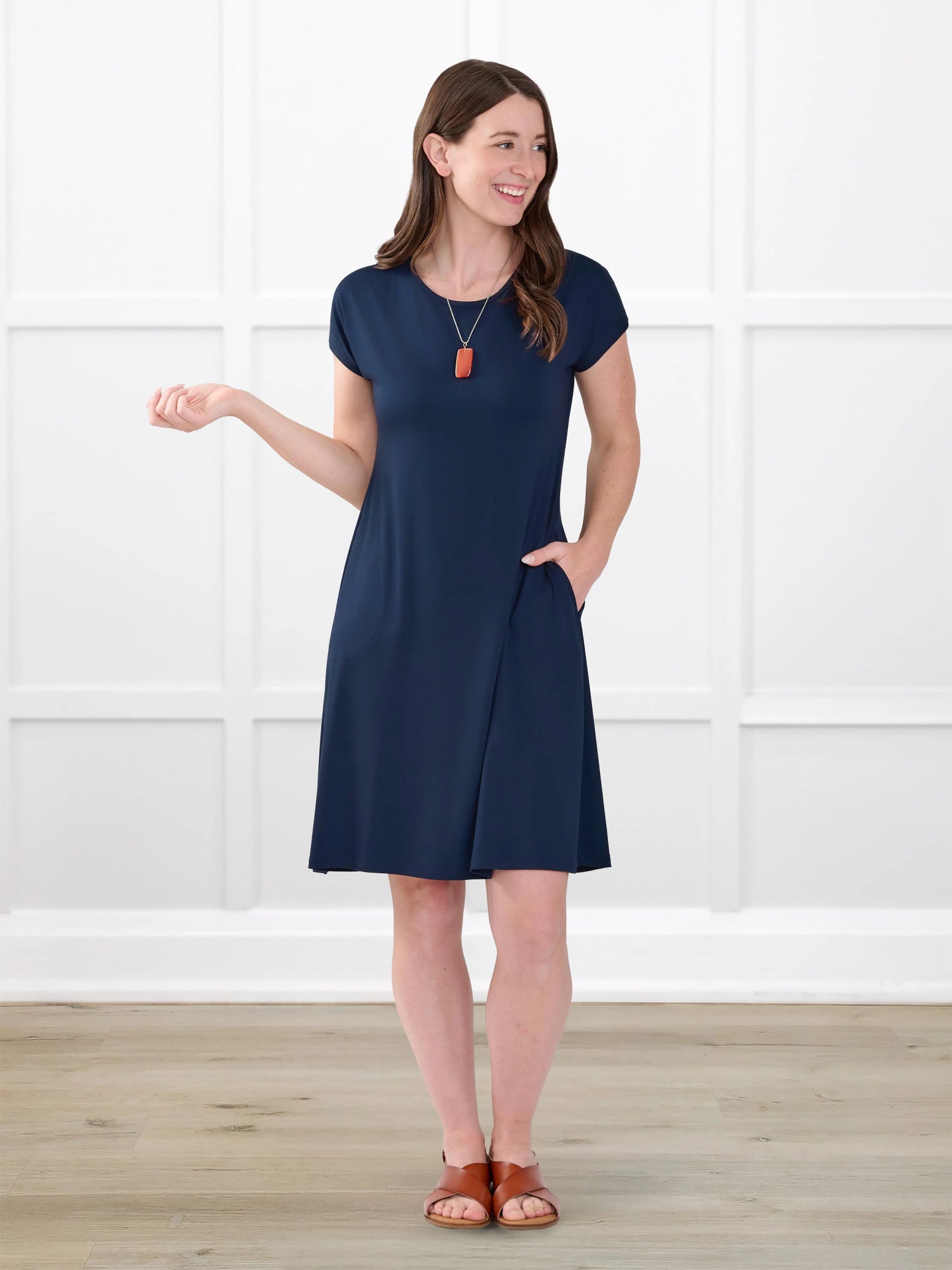 Aleeza t shirt dress with pockets for women in Navy on model Jo, size XS @Jo-XS 