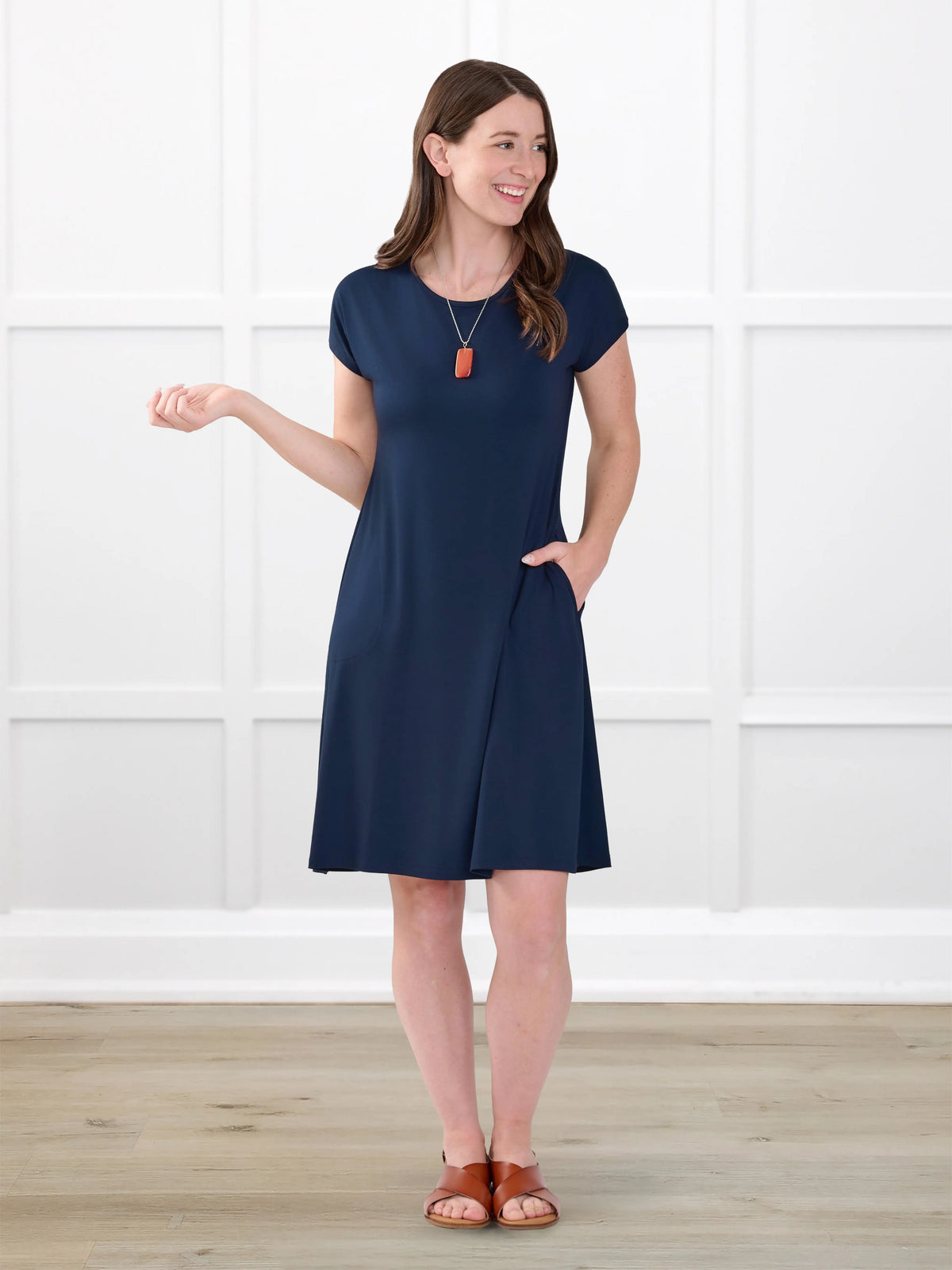 Aleeza t shirt dress with pockets for women in Navy on model Jo, size XS @Jo-XS 