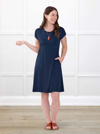 Aleeza t shirt dress with pockets for women in Navy on model Jo, size XS @Jo-XS 