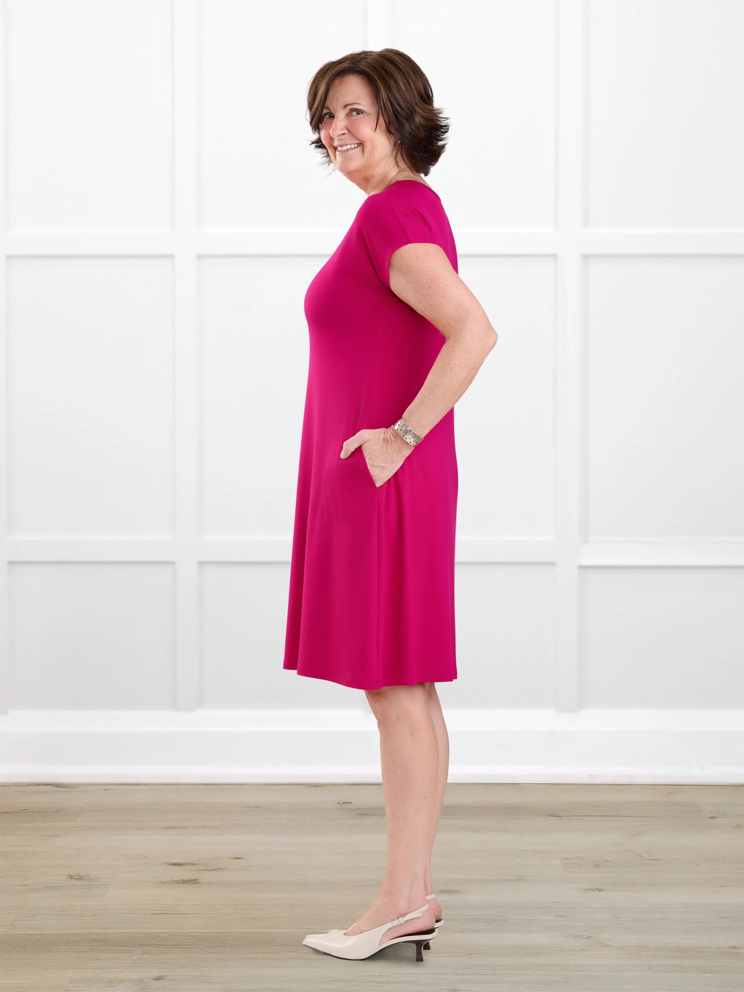 Aleeza t shirt dress with pockets for women in Dragon fruit on model Donna, size S @Donna-S 