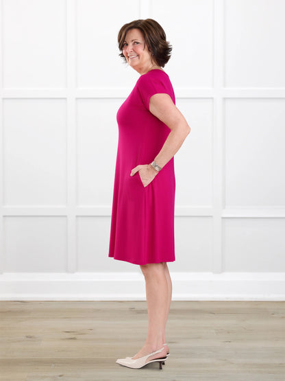 Aleeza t shirt dress with pockets for women in Dragon fruit on model Donna, size S @Donna-S 