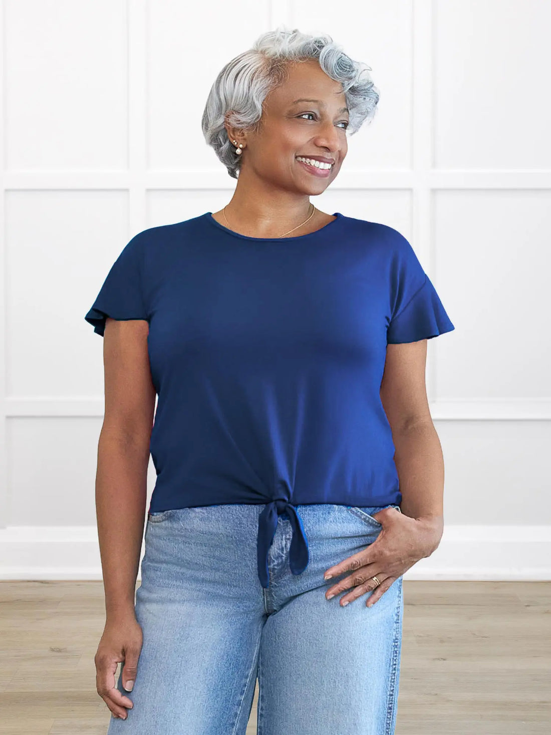Allegra flutter sleeve knot top for women in Marine blue on model Keethai, size M @Keethai-M 