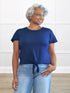 Allegra flutter sleeve knot top for women in Marine blue on model Keethai, size M @Keethai-M 