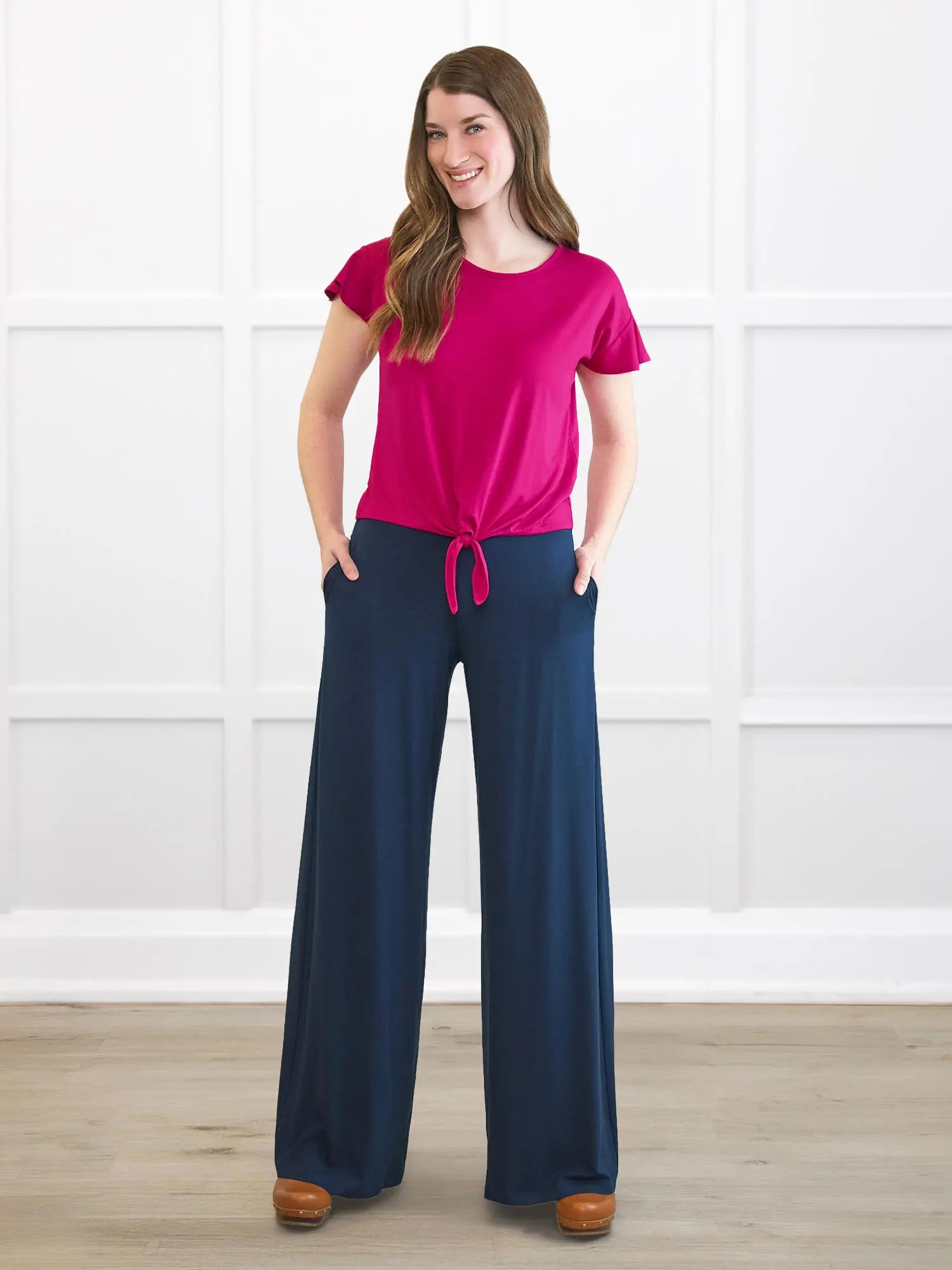 Allegra flutter sleeve knot top for women in Dragon fruit on model Bethany, size S @Bethany-S 