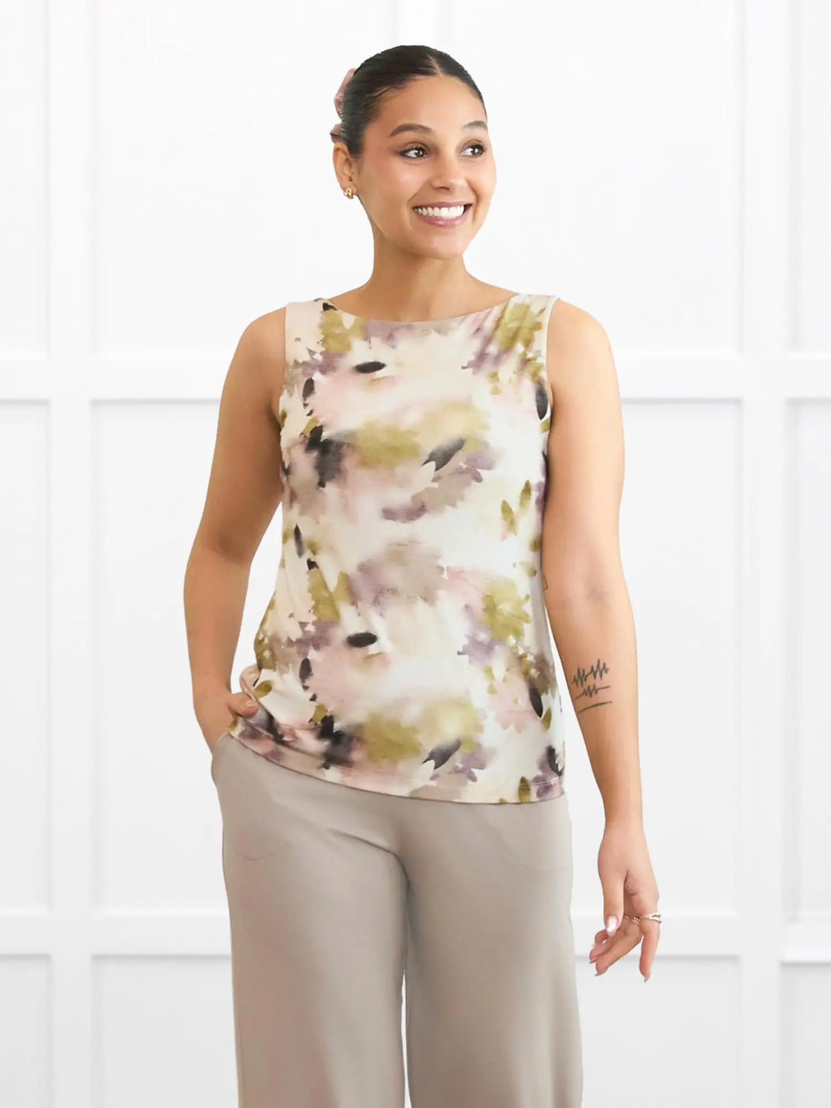 Amina reversible neckline shel bra tank for women in Rosewater on model Meron, size XS @Meron-XS 
