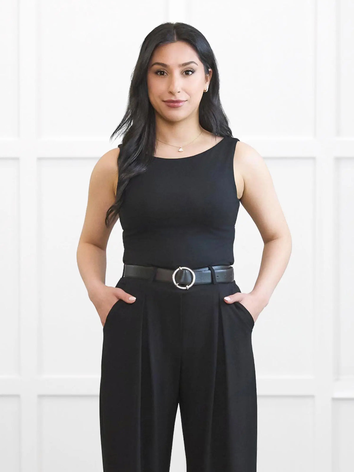 Amina reversible neckline shelf bra tank for women 00 in Black on model Yasmine, size XS @Yasmine-XS 