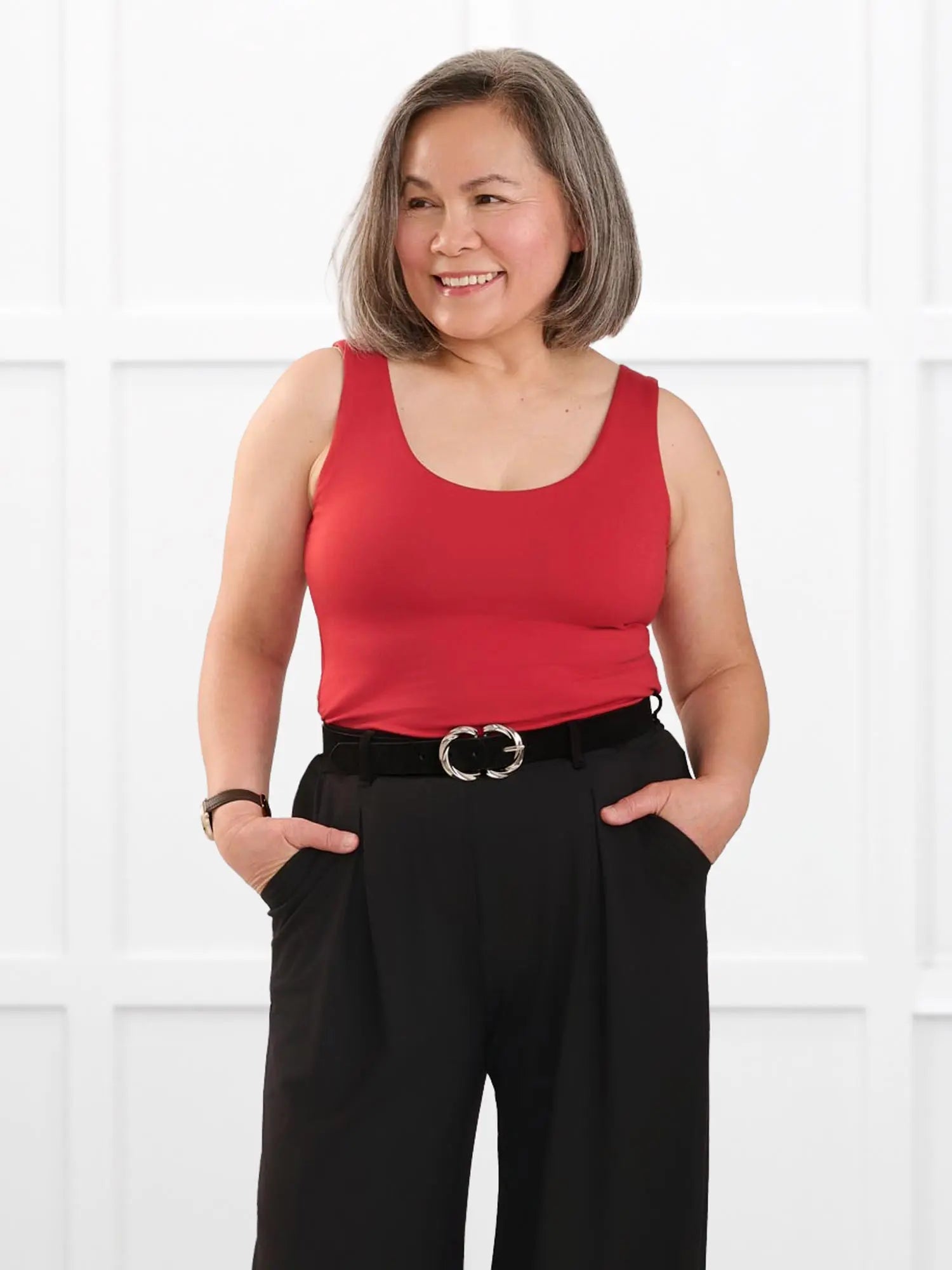 Amina reversible neckline shelf bra tank for women in Chili on model Terry, size S @Terry-S 