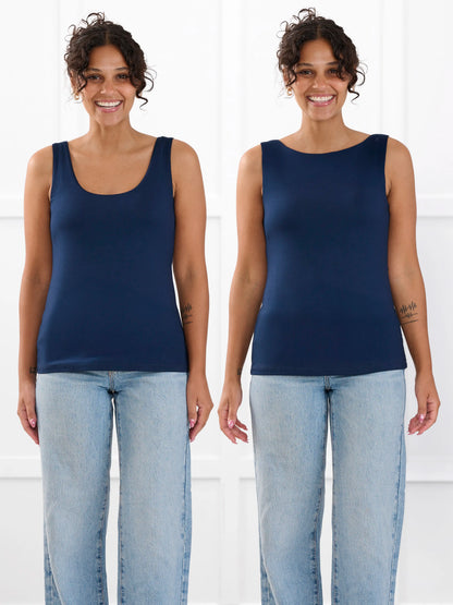 Amina reversible neckline shelf bra tank for women in Navy on model Meron, size XS @Meron-XS 