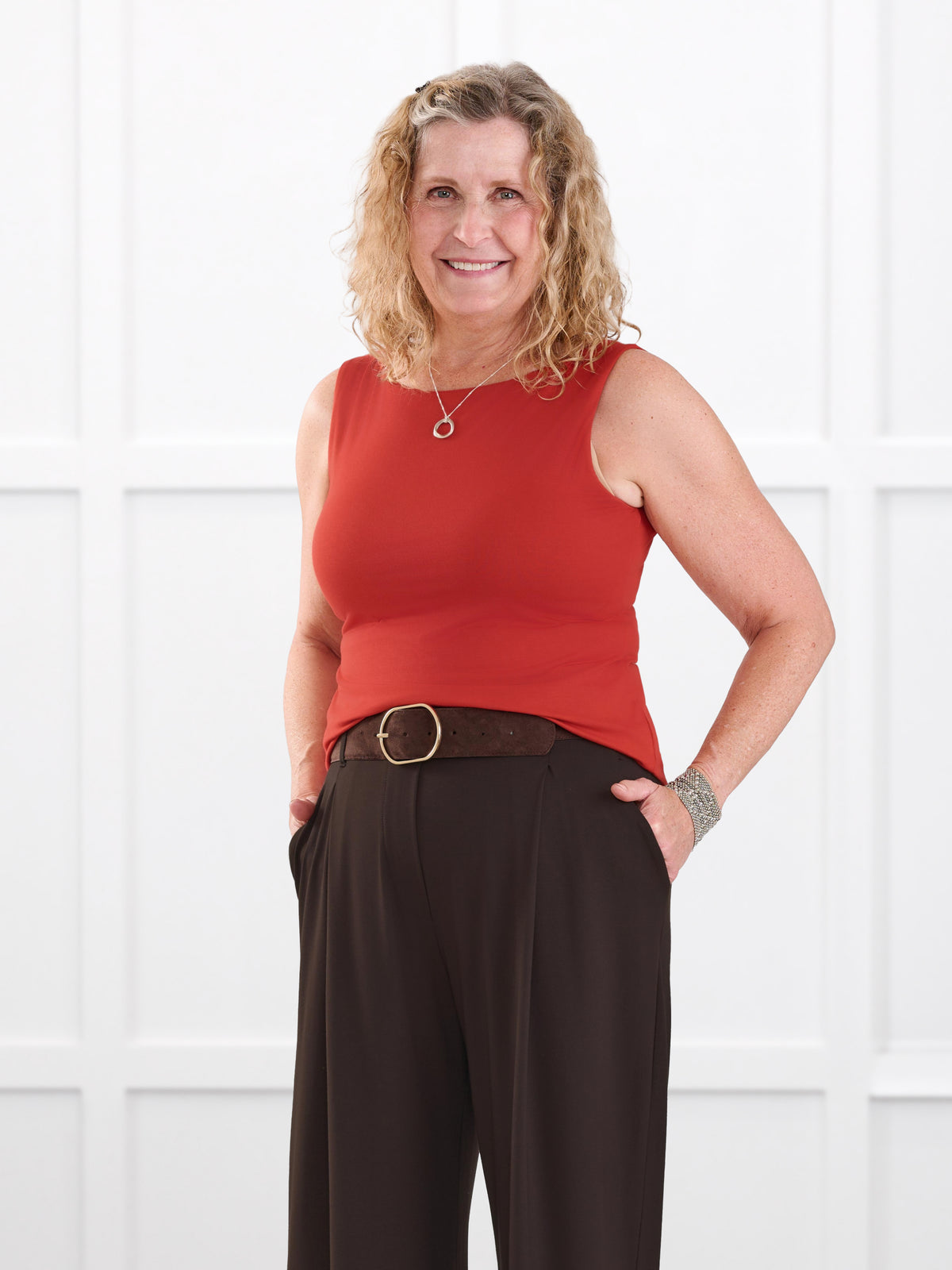 Amina reversible neckline shelf bra tank for women in Terracotta on model Carolyn, size L @Carolyn-L