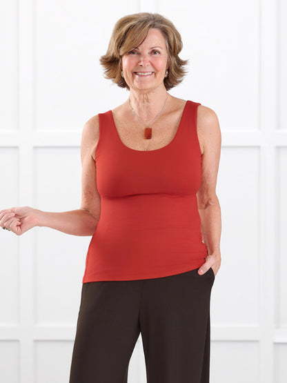 Amina reversible neckline shelf bra tank for women in Terracotta on model Donna, size S @Donna-S