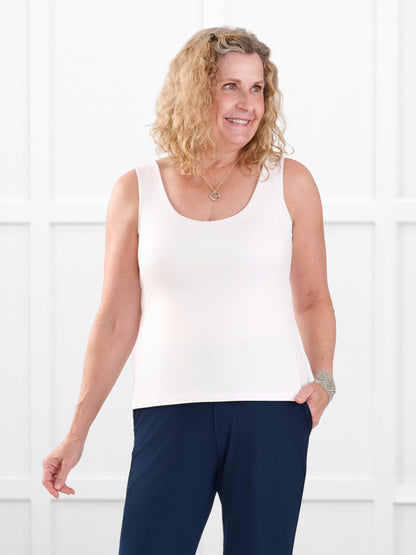 Amina reversible neckline shelf bra tank for women in White on model Carolyn, size L @Carolyn-L 