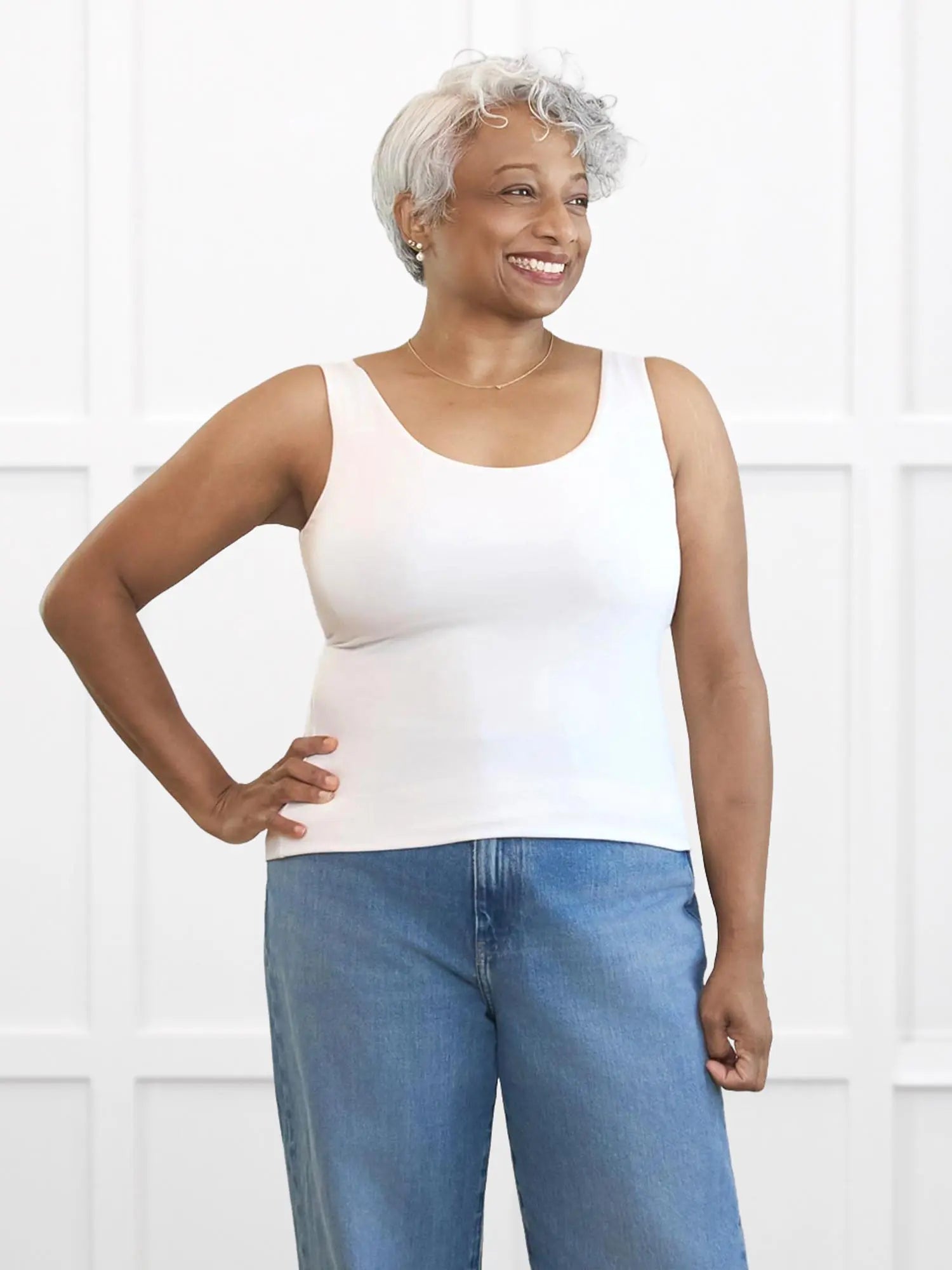 Amina reversible neckline shelf bra tank for women 00 in White on model Keethai, size M @Keethai-M 