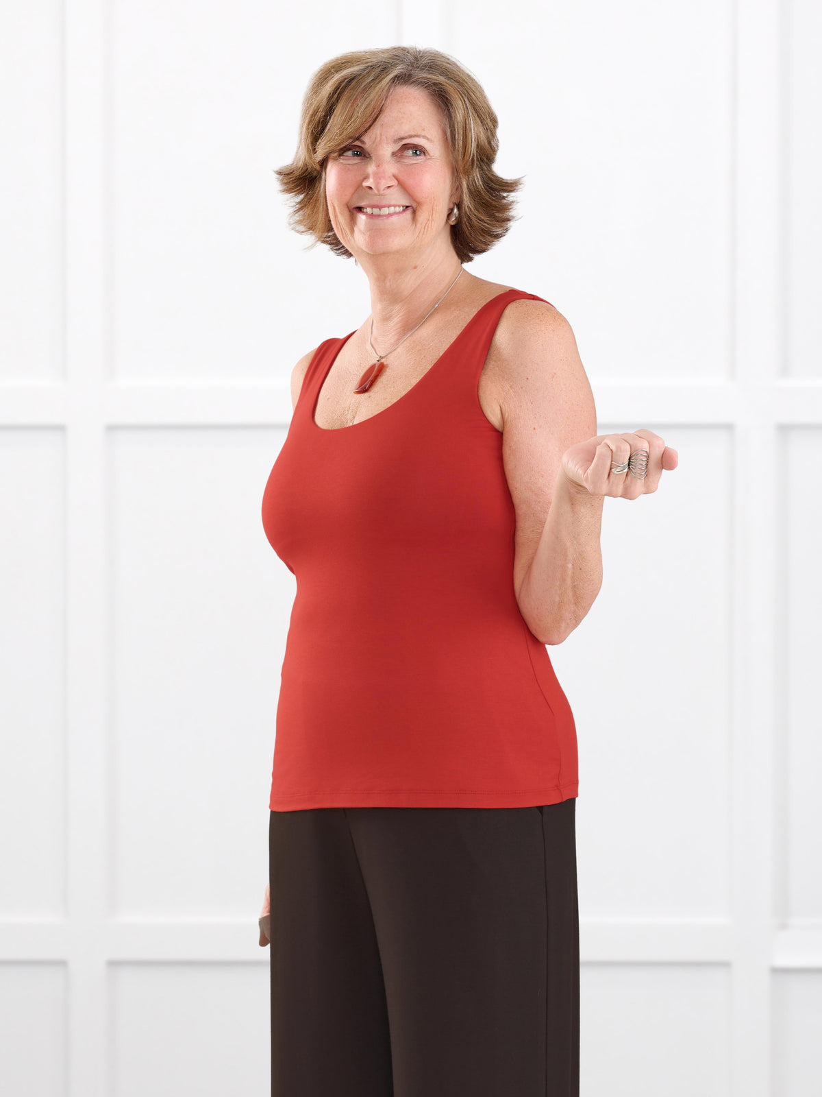 Amina reversible neckline shelf bra tank for women in Terracotta on model Donna, size S @Donna-S