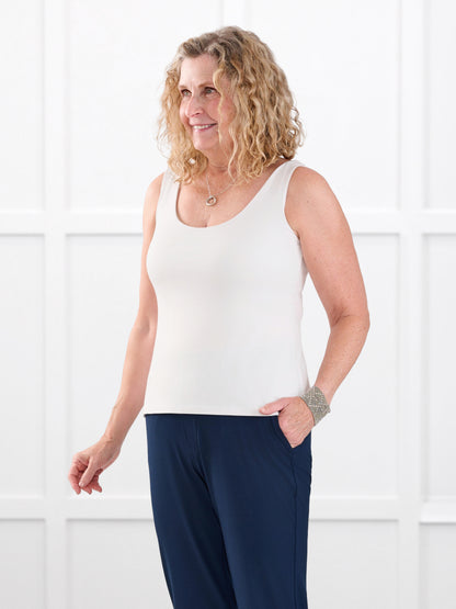 Amina reversible neckline shelf bra tank for women in White on model Carolyn, size L @Carolyn-L 