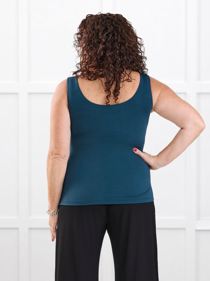 Amina reversible neckline shelf bra tank for women in Atlantic on model Kerri, size M @Kerri-M 
