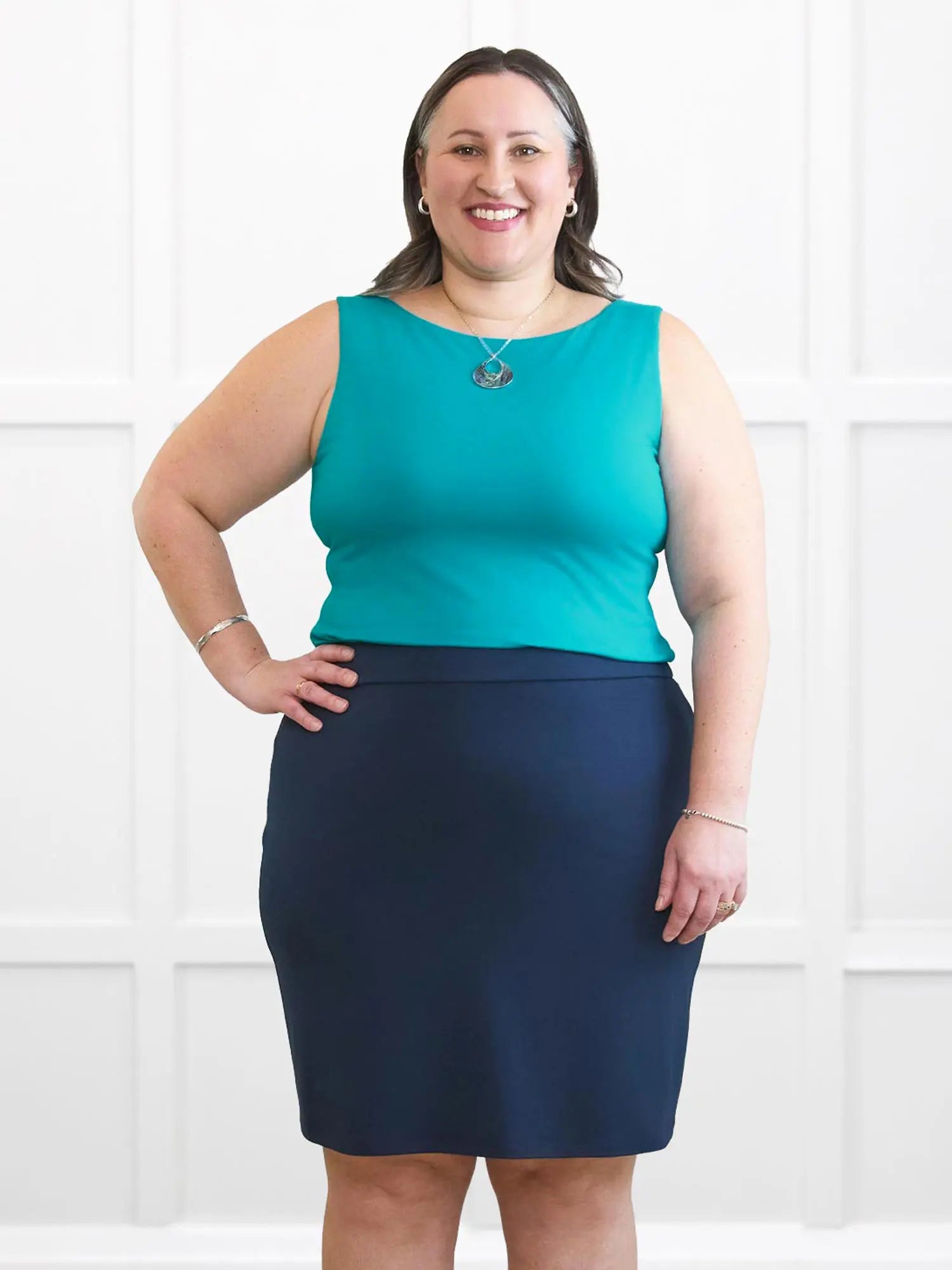 Amina reversible neckline shelf bra tank for women in Sea glass on model Cristina, size XXL @Cristina-XXL 