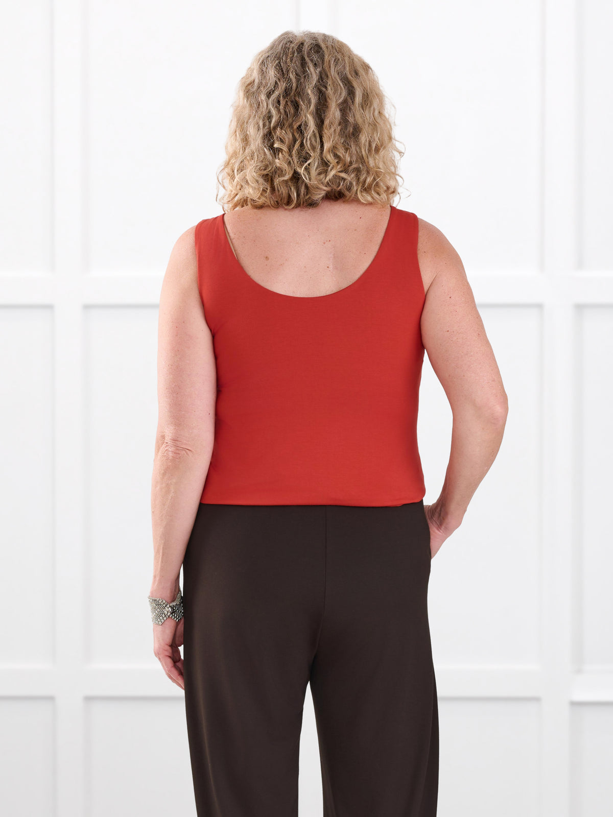 Amina reversible neckline shelf bra tank for women in Terracotta on model Carolyn, size L @Carolyn-L