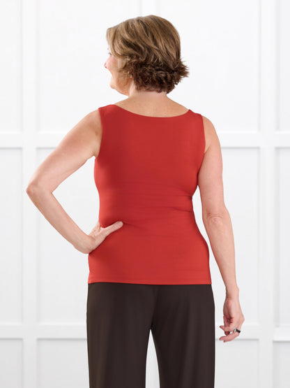 Amina reversible neckline shelf bra tank for women in Terracotta on model Donna, size S @Donna-S
