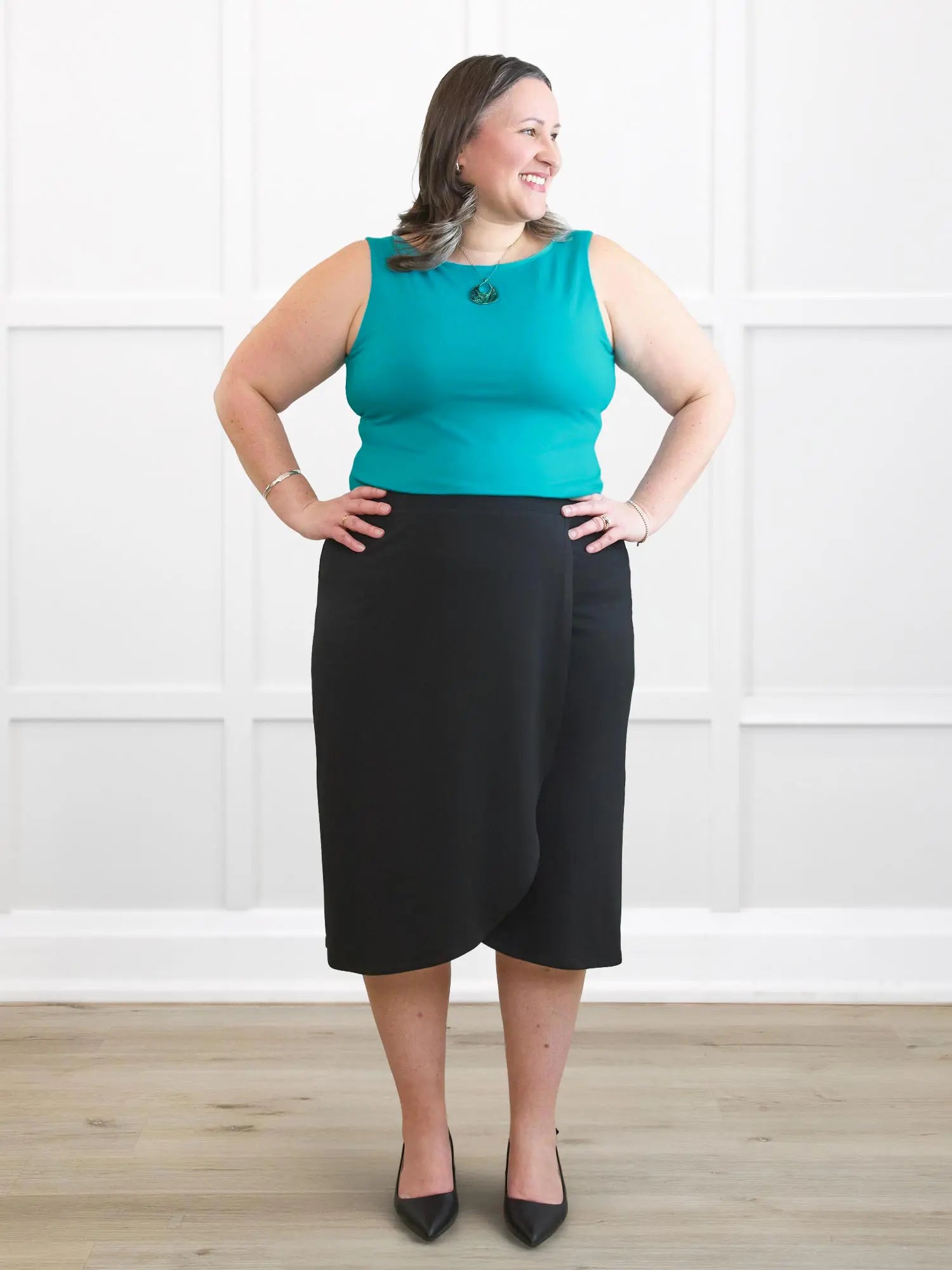 Amina reversible neckline shelf bra tank for women in Sea glass on model Cristina, size XXL @Cristina-XXL 