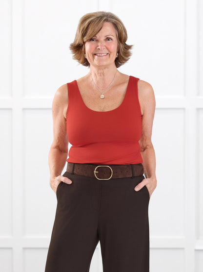 Amina reversible neckline shelf bra tank for women in Terracotta on model Donna, size S @Donna-S
