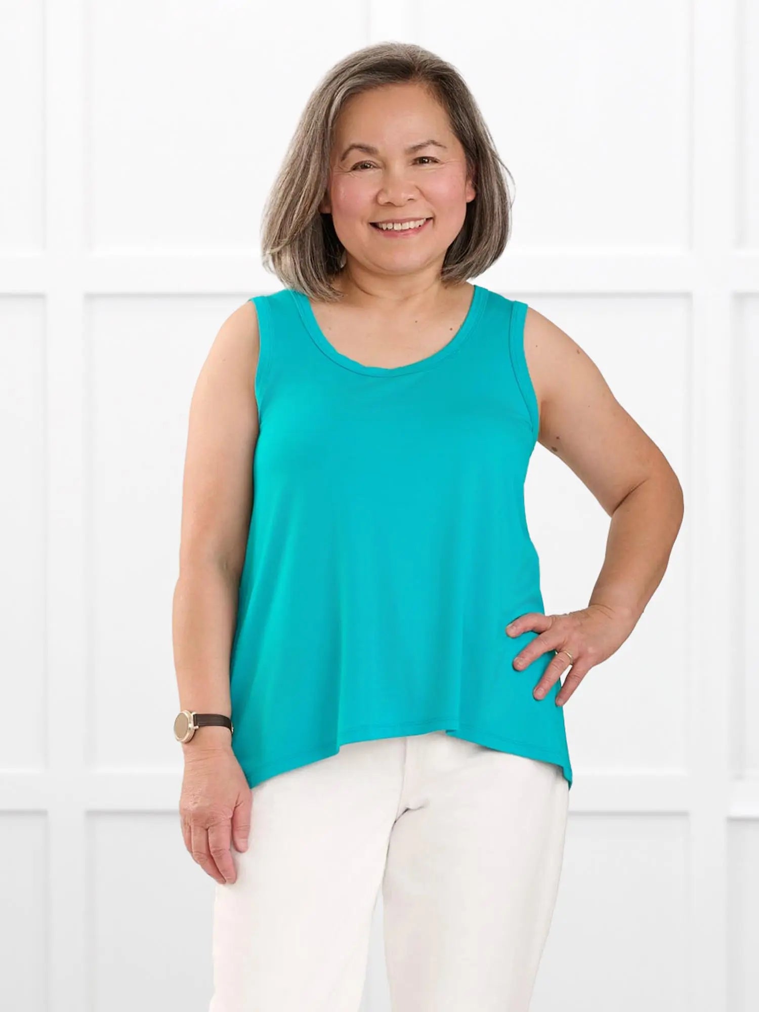Anjuli flowy scoop neck tank for women in Sea glass on model Terry, size S @Terry-S 