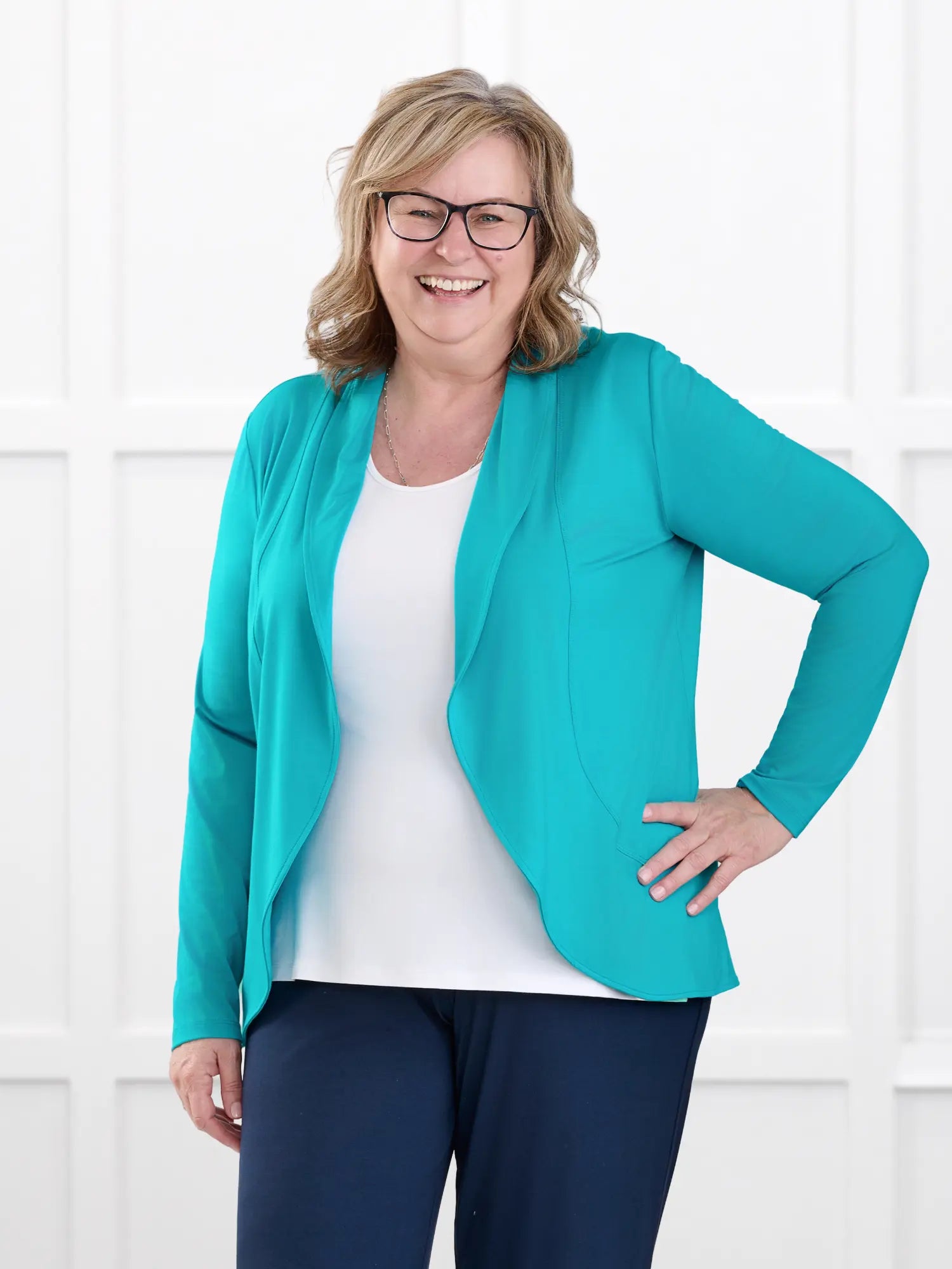 Anne soft stretchy blazer for women in Sea glass on model Deb, size XL @Deb-XL 